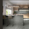 Porcelanato gris en cocina moderna con estilo minimalista, encimeras y paredes de porcelanato, diseño elegante y funcional, ideal para espacios de estilo contemporáneo en Ecuador.
